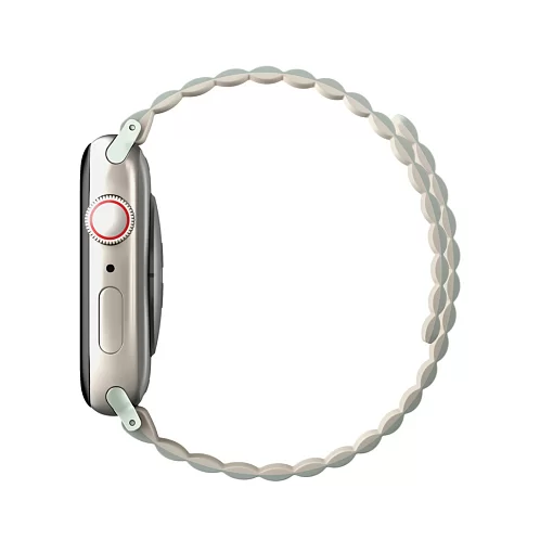 На фото изображено Ремешок силиконовый двусторонний Uniq для Apple Watch (44,45,46,49 мм), шалфей-бежевый