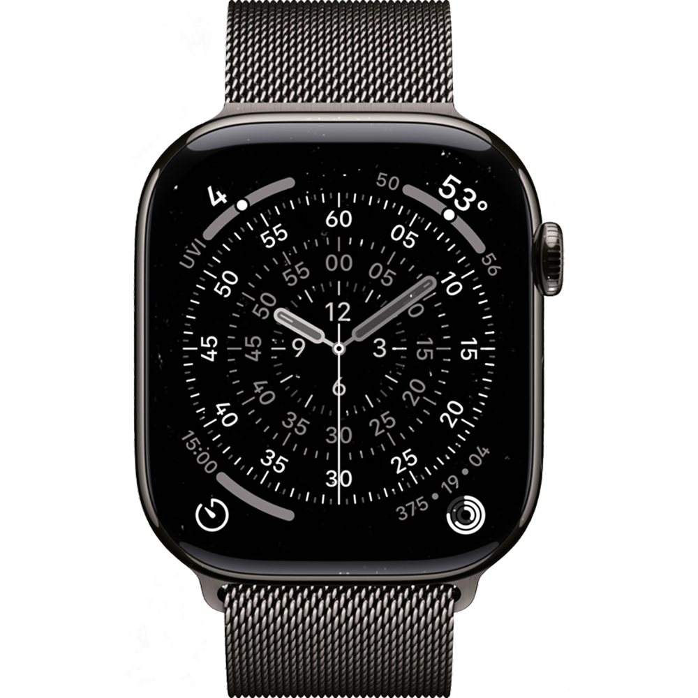 На фото изображено Apple Watch Series 11, 46 мм, корпус из титана цвета «серый», ремешок Milanese серого цвета, размер S/M