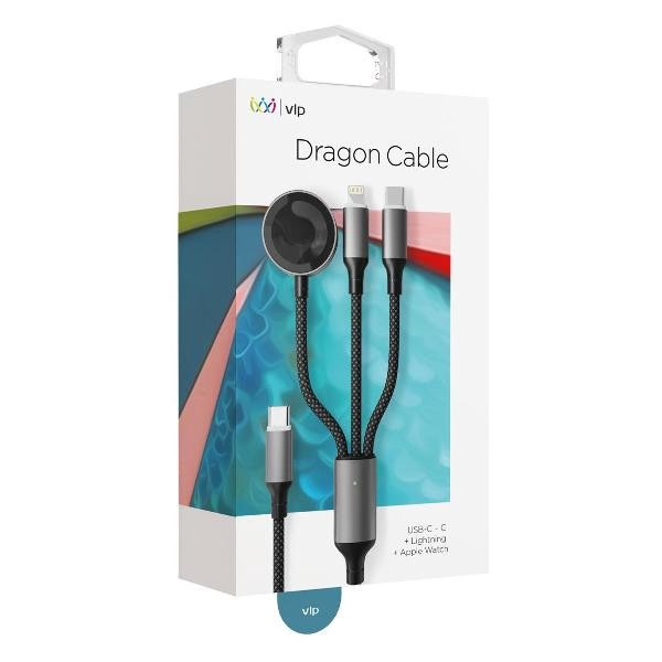 На фото изображено Дата-кабель VLP Dragon Cable 3 в1 USB-С/USB-C+Lightning+Watch, 1.2м, серый космос