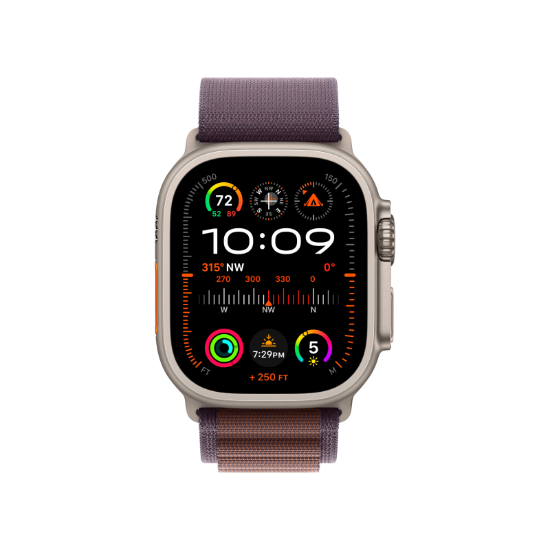 На фото изображено Apple Watch Ultra 2 GPS + Cellular, 49 мм, корпус из титана, ремешок Alpine цвета индиго, M