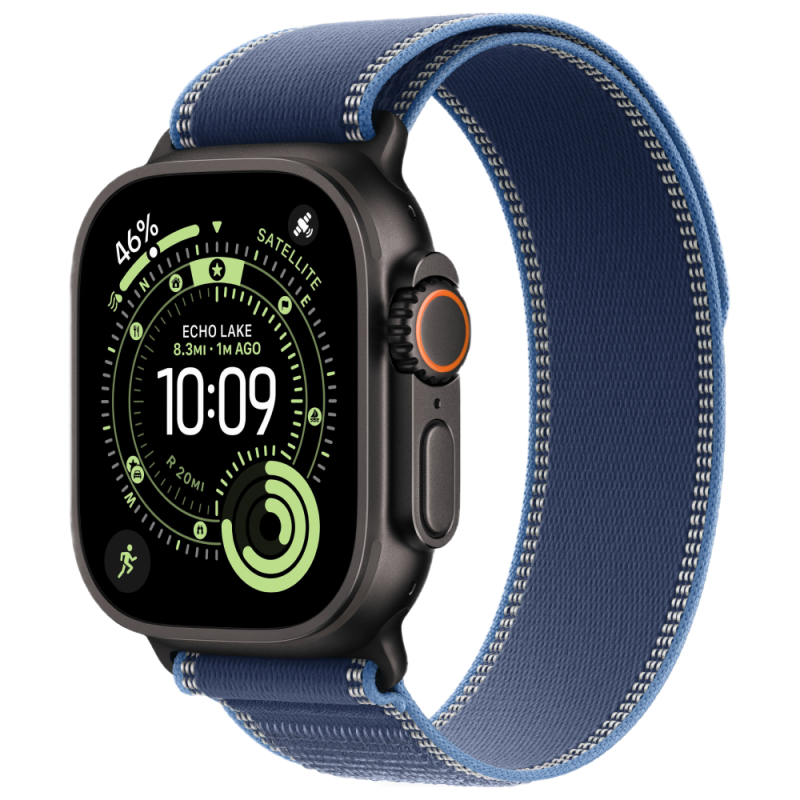 На фото изображено Apple Watch Ultra 3 GPS + Cellular, 49 мм, корпус из чёрного титана, ремешок Trail, цвет синий, S/M