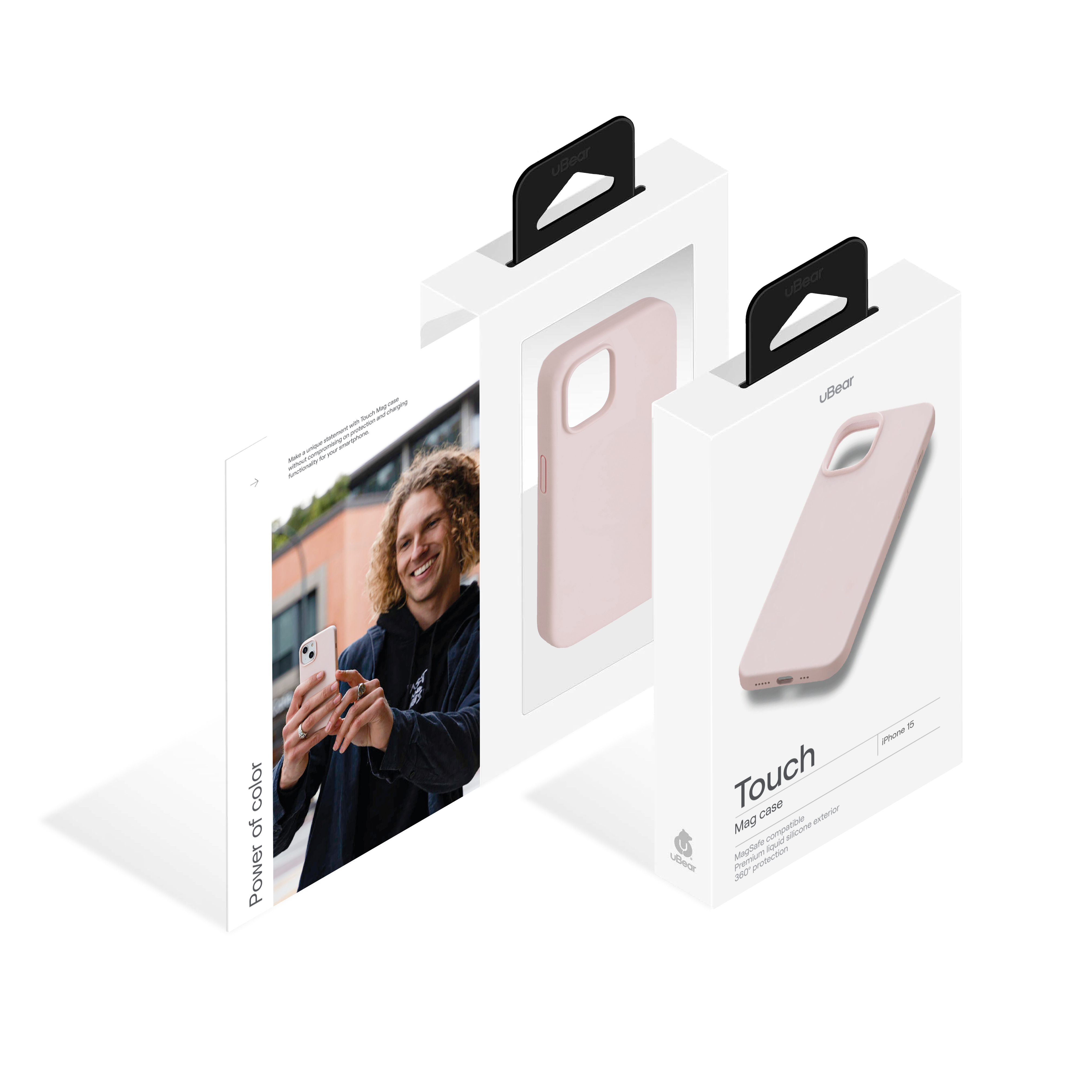 На фото изображено Чехол защитный uBear Touch Mag Case для iPhone 15, розовый