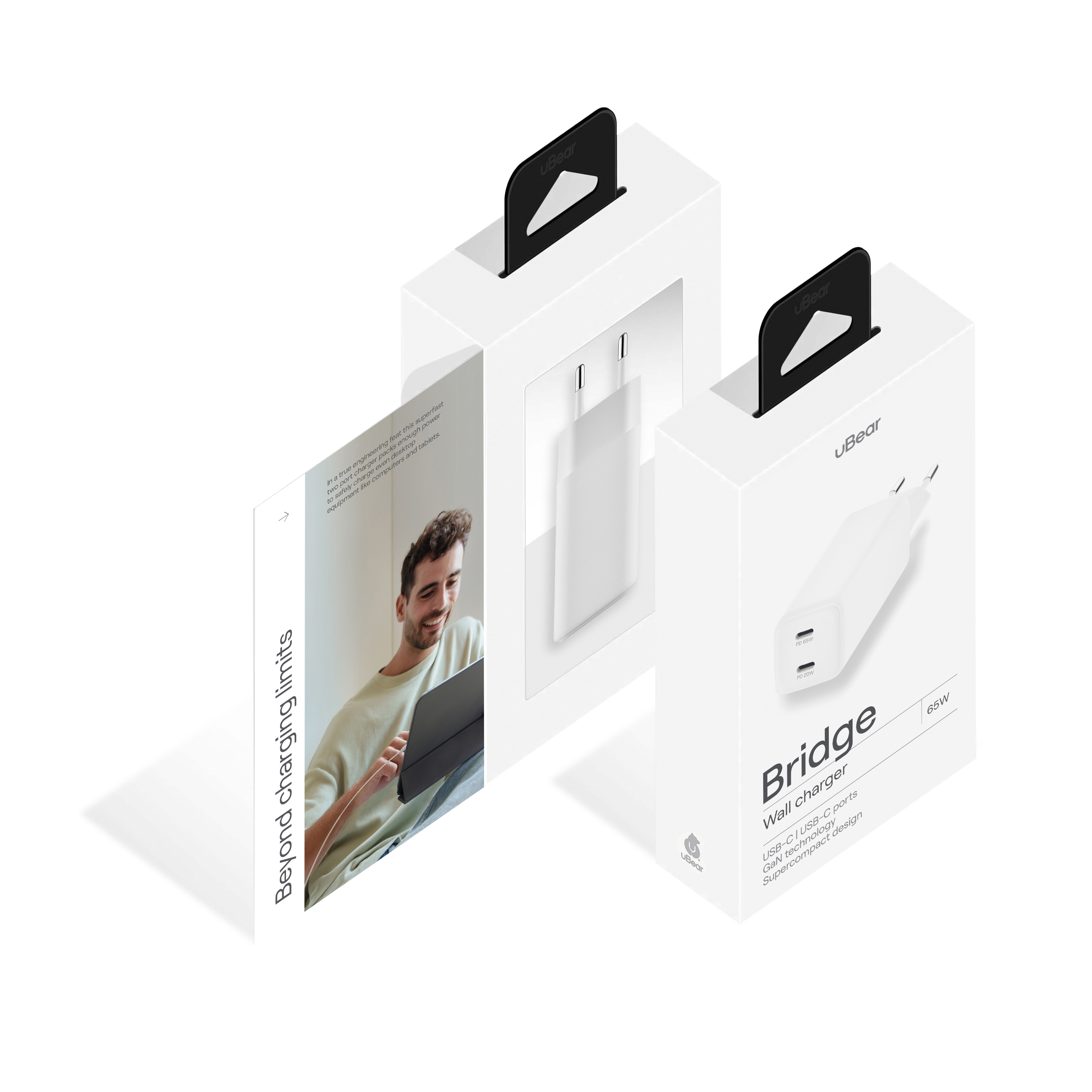 На фото изображено Сетевое зарядное устройство uBear Bridge USB-C, 65 Вт, GaN, белый