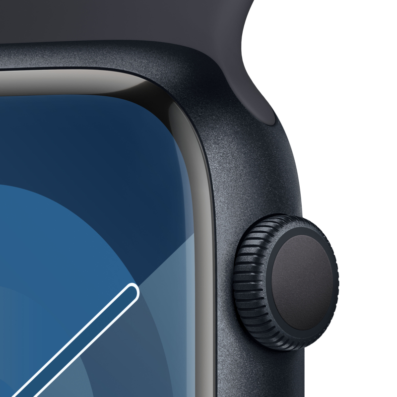 На фото изображено Apple Watch Series 9, 41 мм, корпус из алюминия цвета «Тёмная ночь», спортивный ремешок, размер S/M