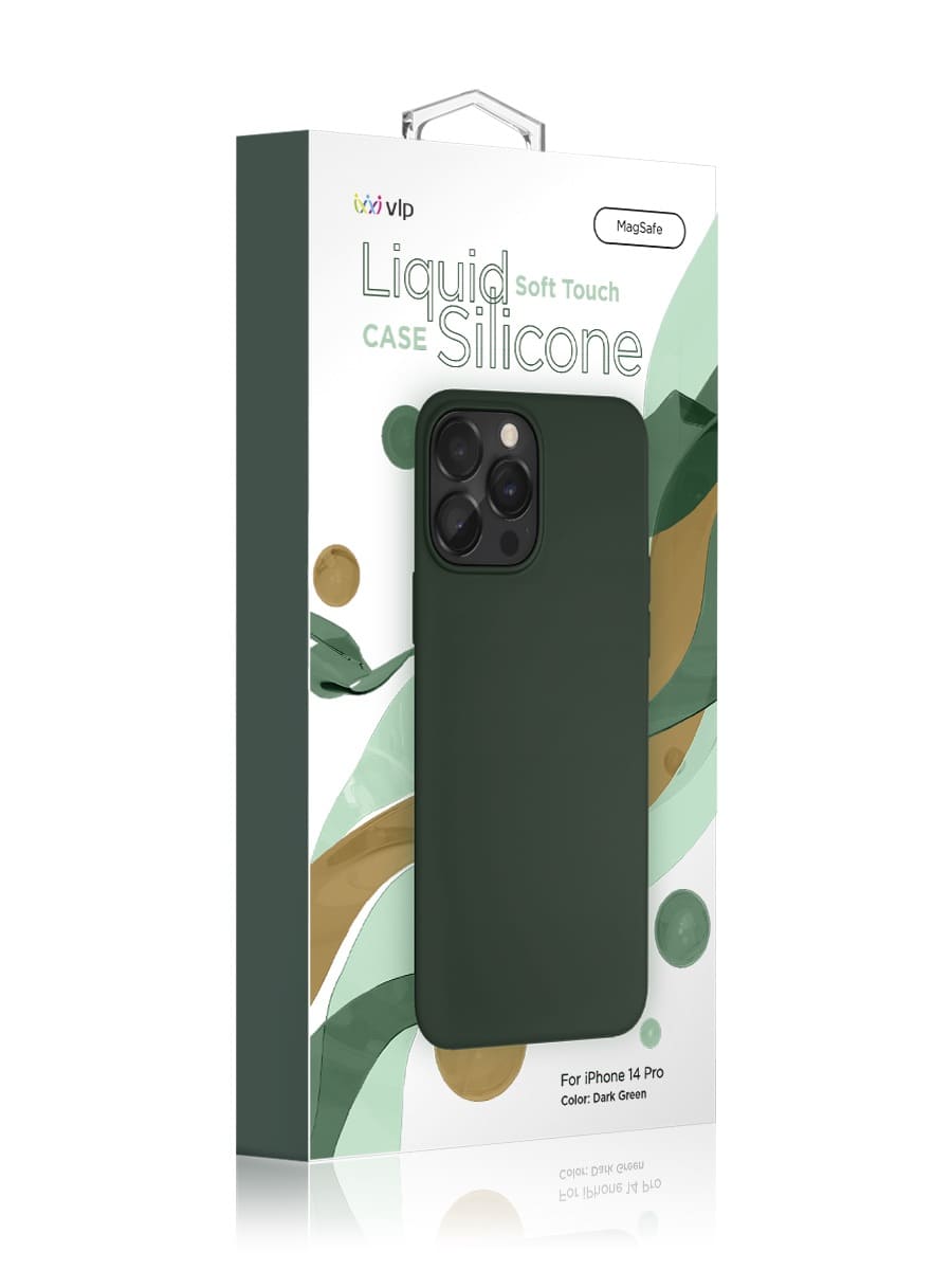 На фото изображено Чехол защитный VLP Silicone case с MagSafe для iPhone 14 Pro, темно-зеленый