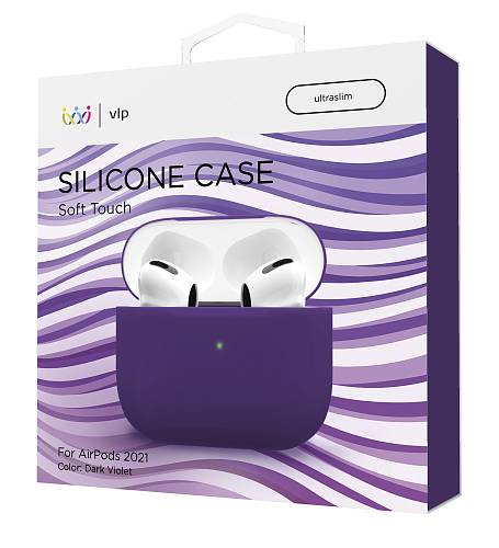 На фото изображено Чехол силиконовый VLP Soft Touch для AirPods 3, тёмно-фиолетовый