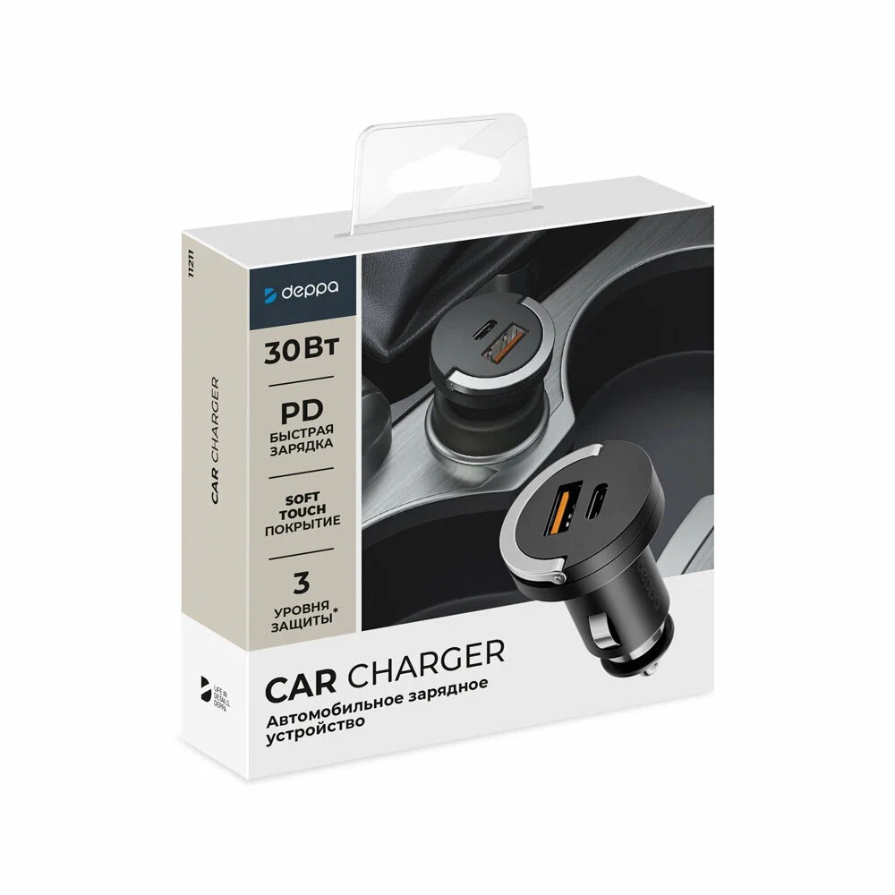 На фото изображено Автомобильное зарядное устройство Car Charger USB-C+USB-A, 30Вт, черный
