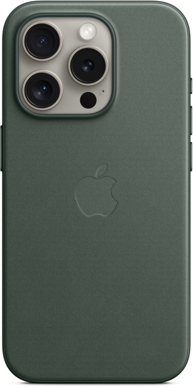 На фото изображено Чехол Apple MagSafe FineWoven для iPhone 15 Pro, Зелёный
