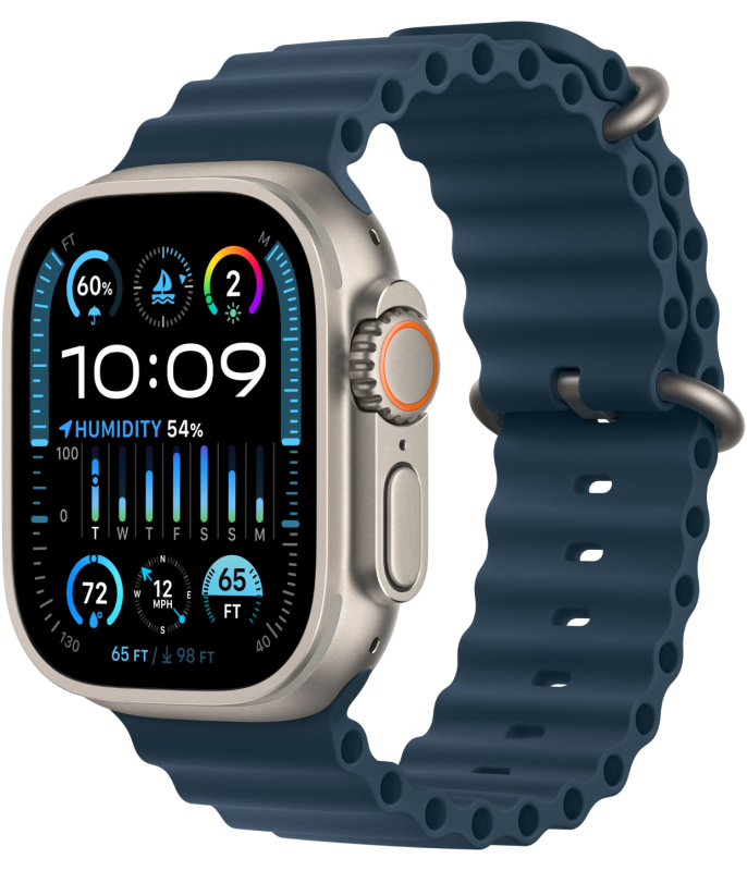 На фото изображено Apple Watch Ultra 2 GPS + Cellular, 49 мм, корпус из титана, ремешок Ocean цвет Синий