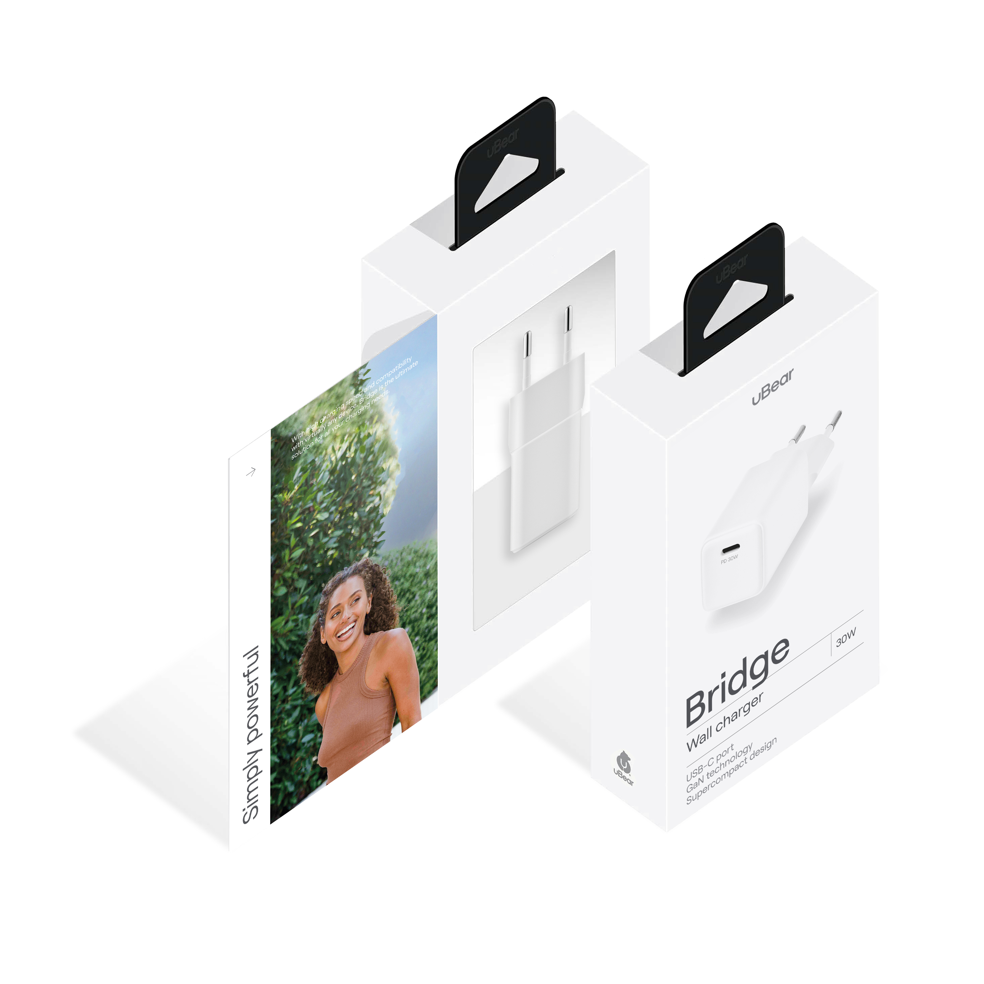 На фото изображено Cетевое зарядное устройство uBear Bridge USB-C, 30 Вт, GaN, белый
