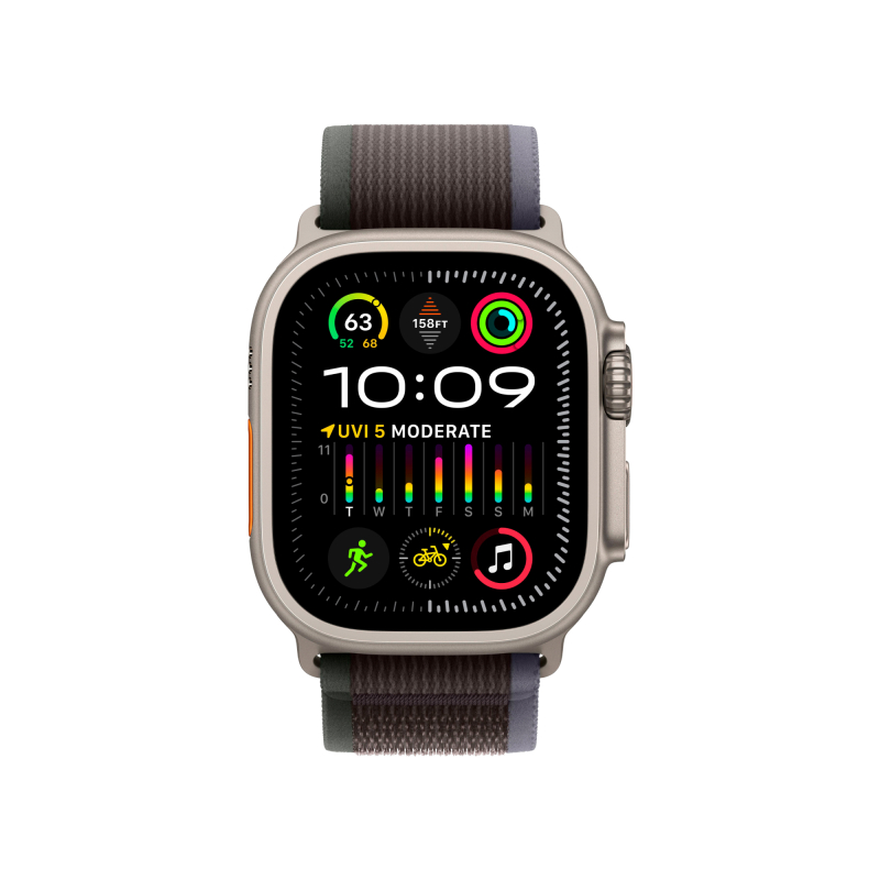 На фото изображено Apple Watch Ultra 2 GPS + Cellular, 49 мм, корпус из титана, ремешок Trail цвет Сине/черный, S/M