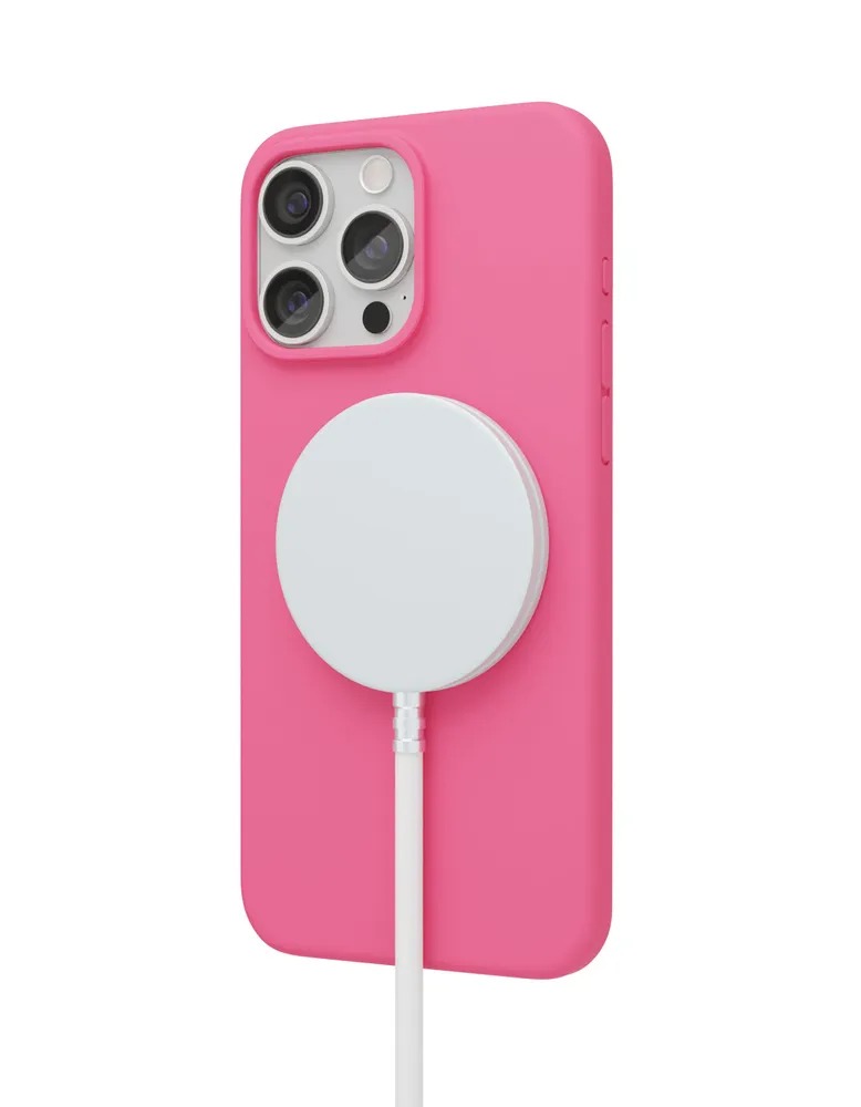 На фото изображено Чехол защитный VLP Aster Case с MagSafe для iPhone 15 Pro Max, неоновый розовый