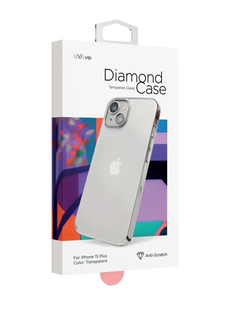 На фото изображено Чехол защитный VLP Diamond Case для iPhone 15 Plus, прозрачный