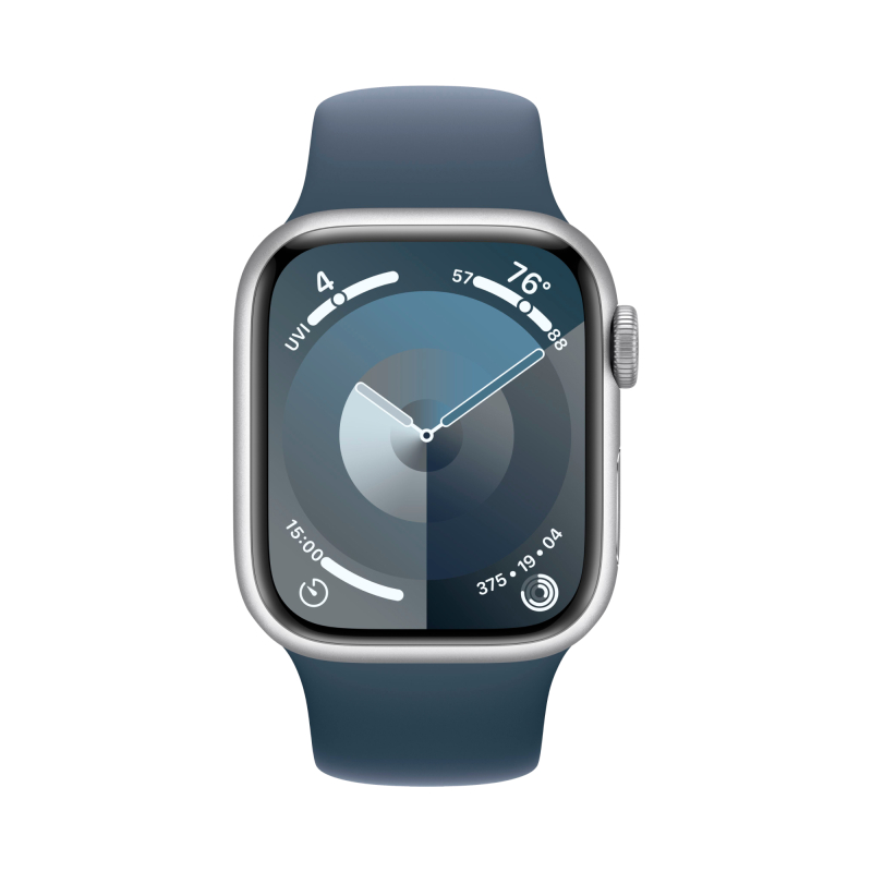 На фото изображено Apple Watch Series 9, 41 мм, корпус из алюминия цвета «Серебристый», спортивный ремешок, размер M/L