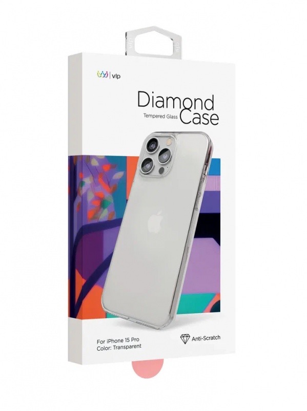 На фото изображено Чехол защитный VLP Diamond Case для iPhone 15 Pro, прозрачный