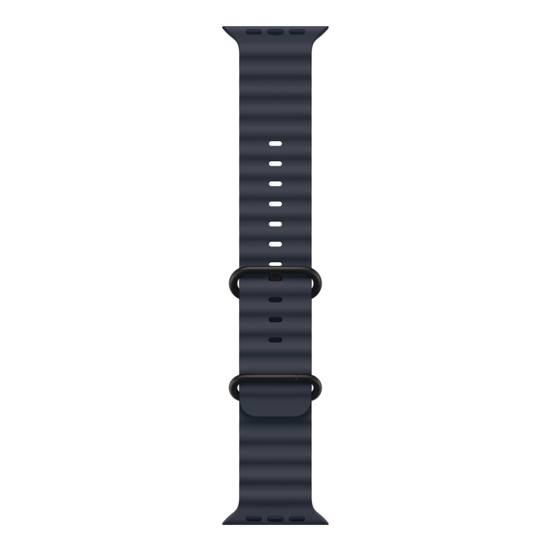 На фото изображено Apple Watch Ultra 2 GPS + Cellular, 49 мм, корпус из черного титана, ремешок Ocean темно-синего цвета