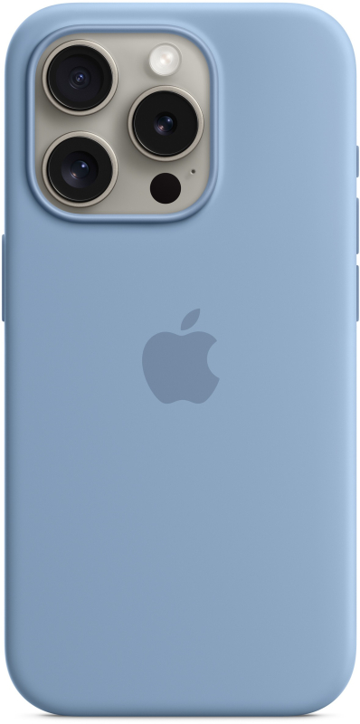 На фото изображено Чехол Apple MagSafe для iPhone 15 Pro, силикон, «Морозный голубой»