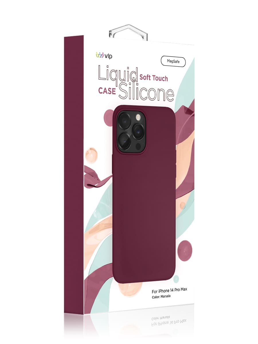 На фото изображено Чехол защитный VLP Silicone case с MagSafe для iPhone 14 Pro Max, марсала