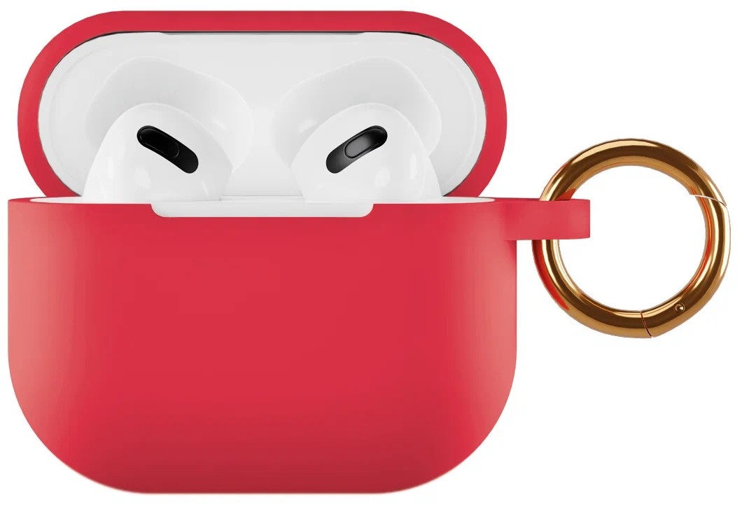 На фото изображено Чехол силиконовый VLP Soft Touch, с кольцом, для AirPods 3, красный