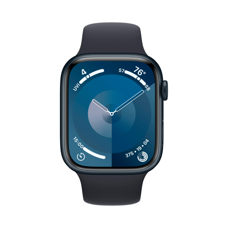 На фото изображено Apple Watch Series 9, 41 мм, корпус из алюминия цвета «Тёмная ночь», спортивный ремешок, размер S/M