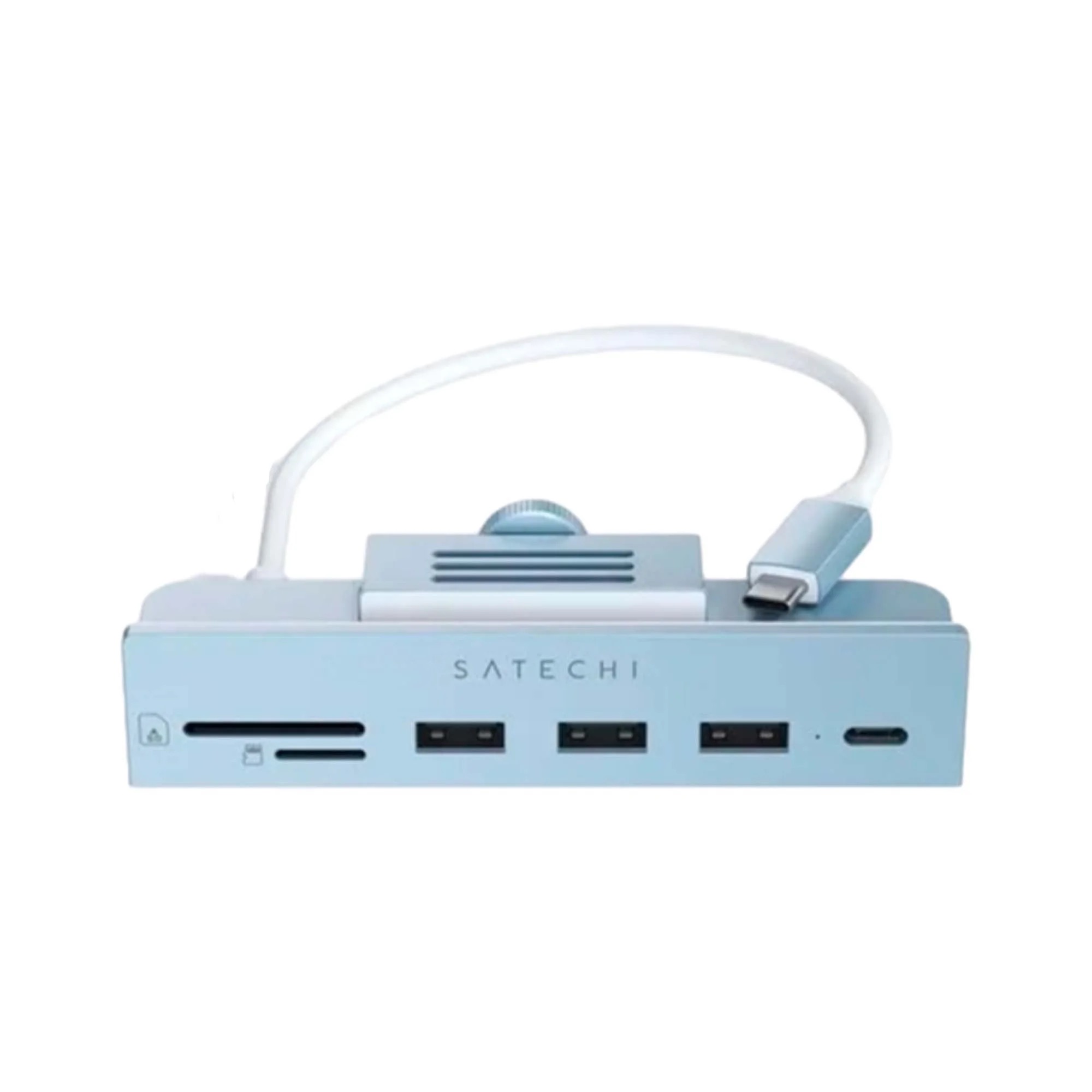 На фото изображено USB-C-концентратор Satechi Aluminum USB-C Clamp Hub для 24" iMac, синий