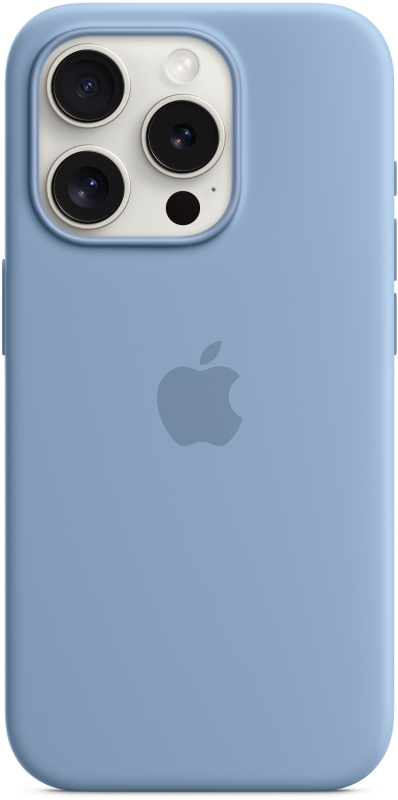 На фото изображено Чехол Apple MagSafe для iPhone 15 Pro, силикон, «Морозный голубой»