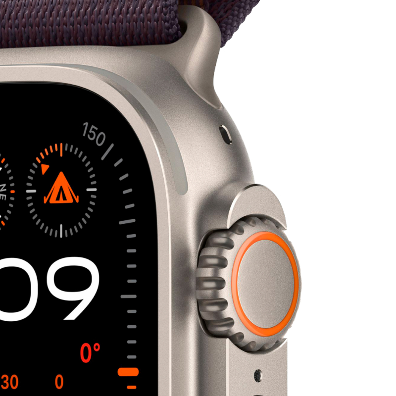 На фото изображено Apple Watch Ultra 2 GPS + Cellular, 49 мм, корпус из титана, ремешок Alpine цвета индиго, M