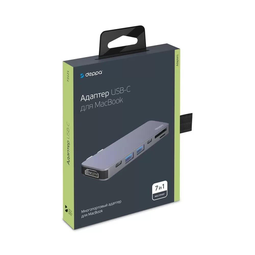 На фото изображено USB-C адаптер Deppa для MacBook 7-в-1, серебристый