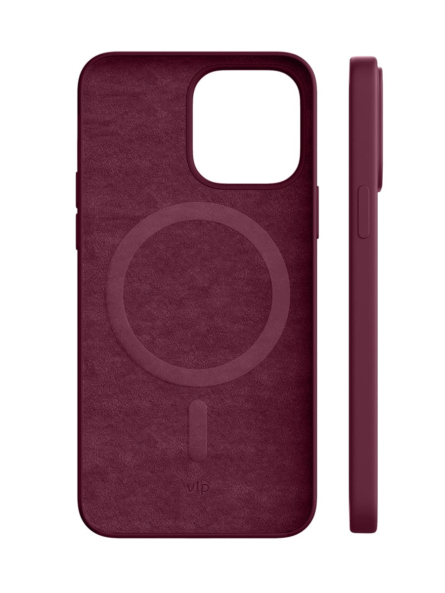 На фото изображено Чехол защитный VLP Silicone case с MagSafe для iPhone 14 Pro, марсала