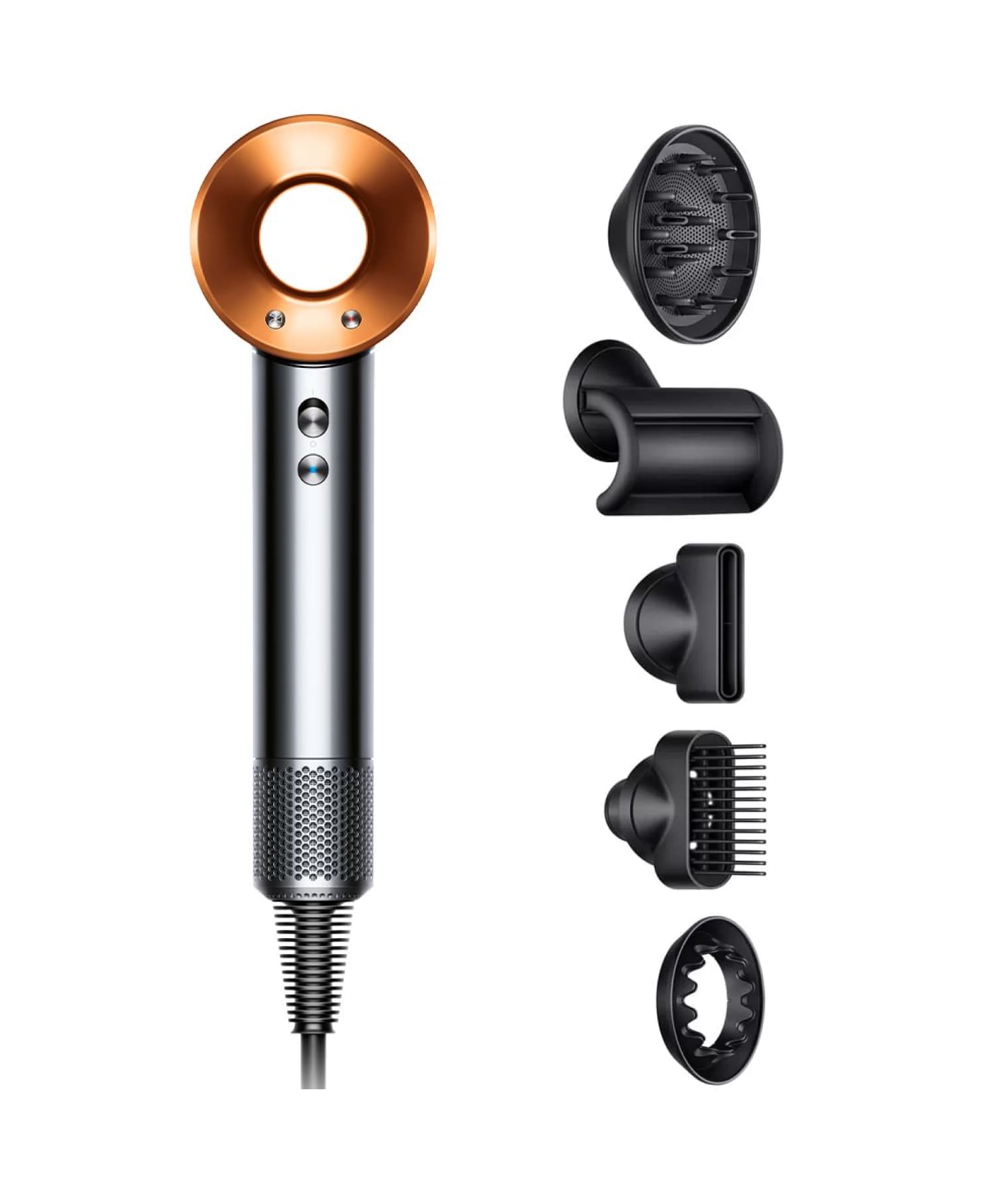 На фото изображено Фен Dyson Supersonic HD07, Nickel/Copper