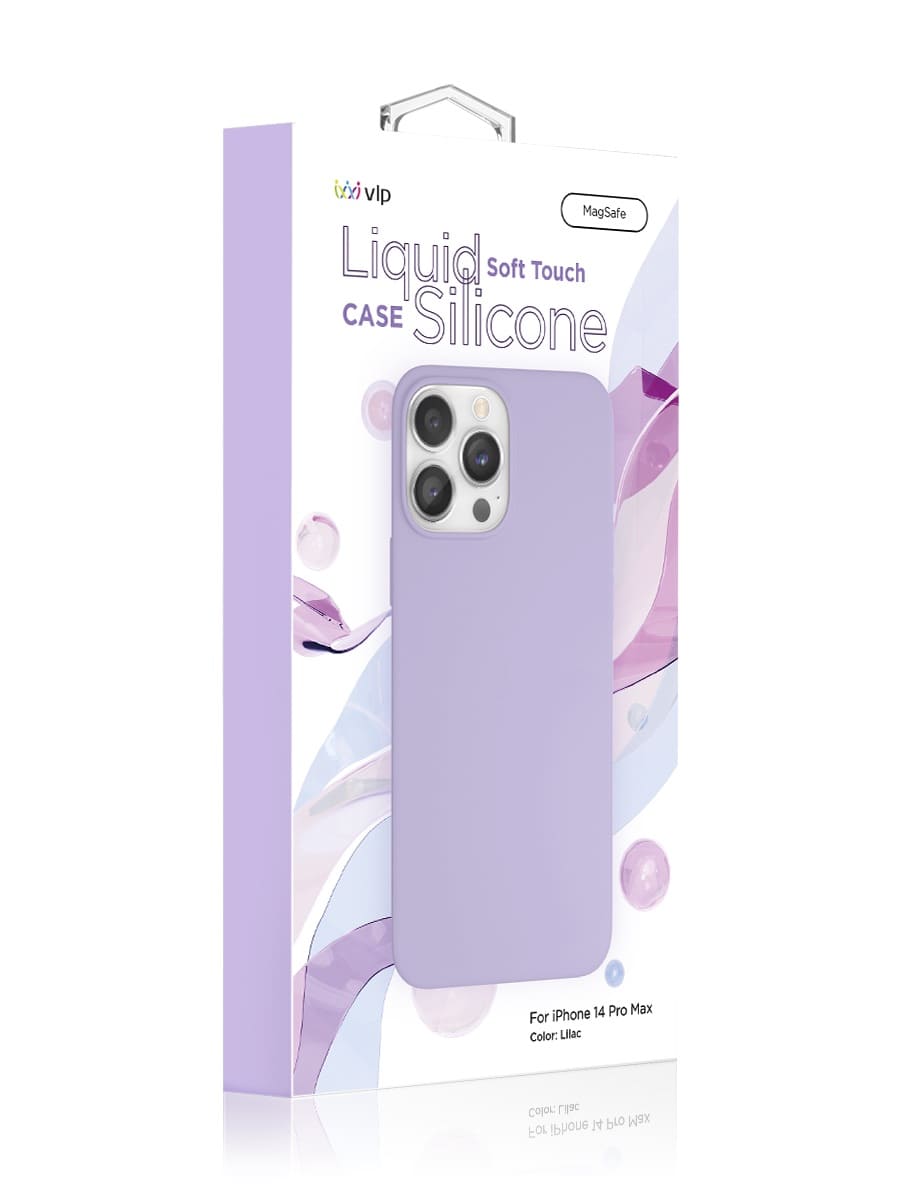 На фото изображено Чехол защитный VLP Silicone case с MagSafe для iPhone 14 Pro Max, сиреневый