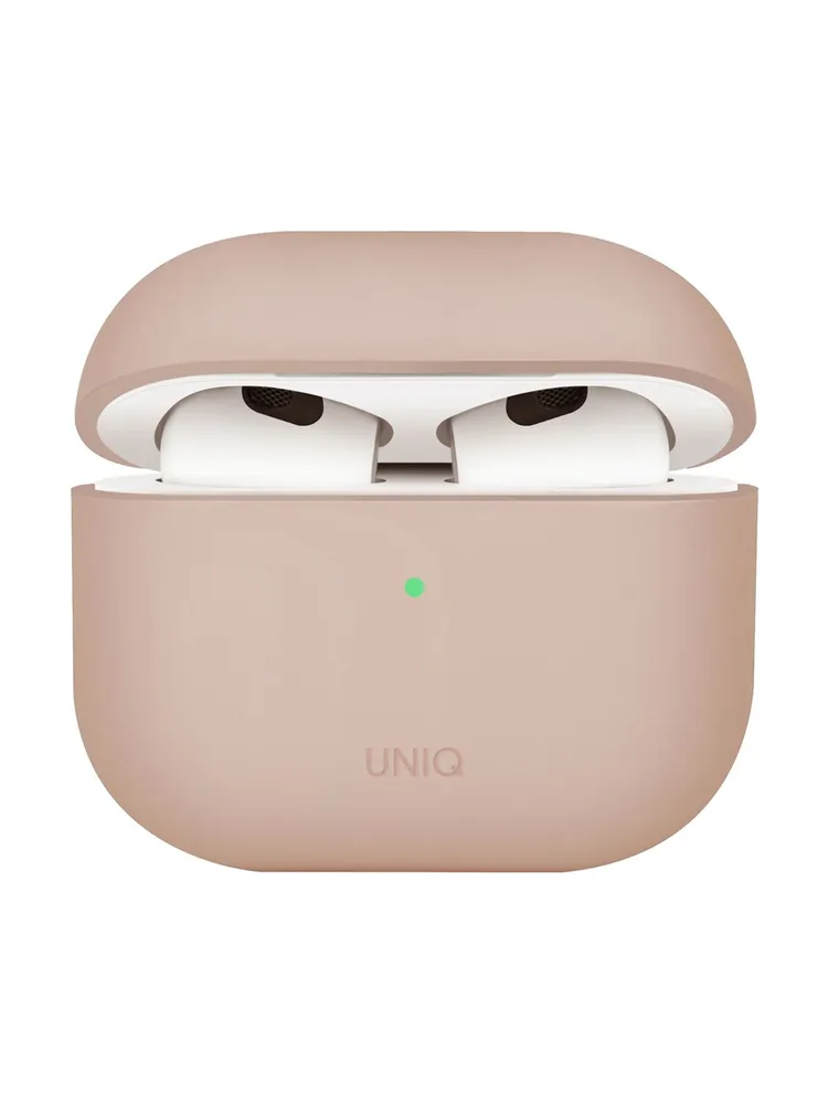 На фото изображено Защитный чехол Uniq Lino Silicone Case для Airpods 4, розовый