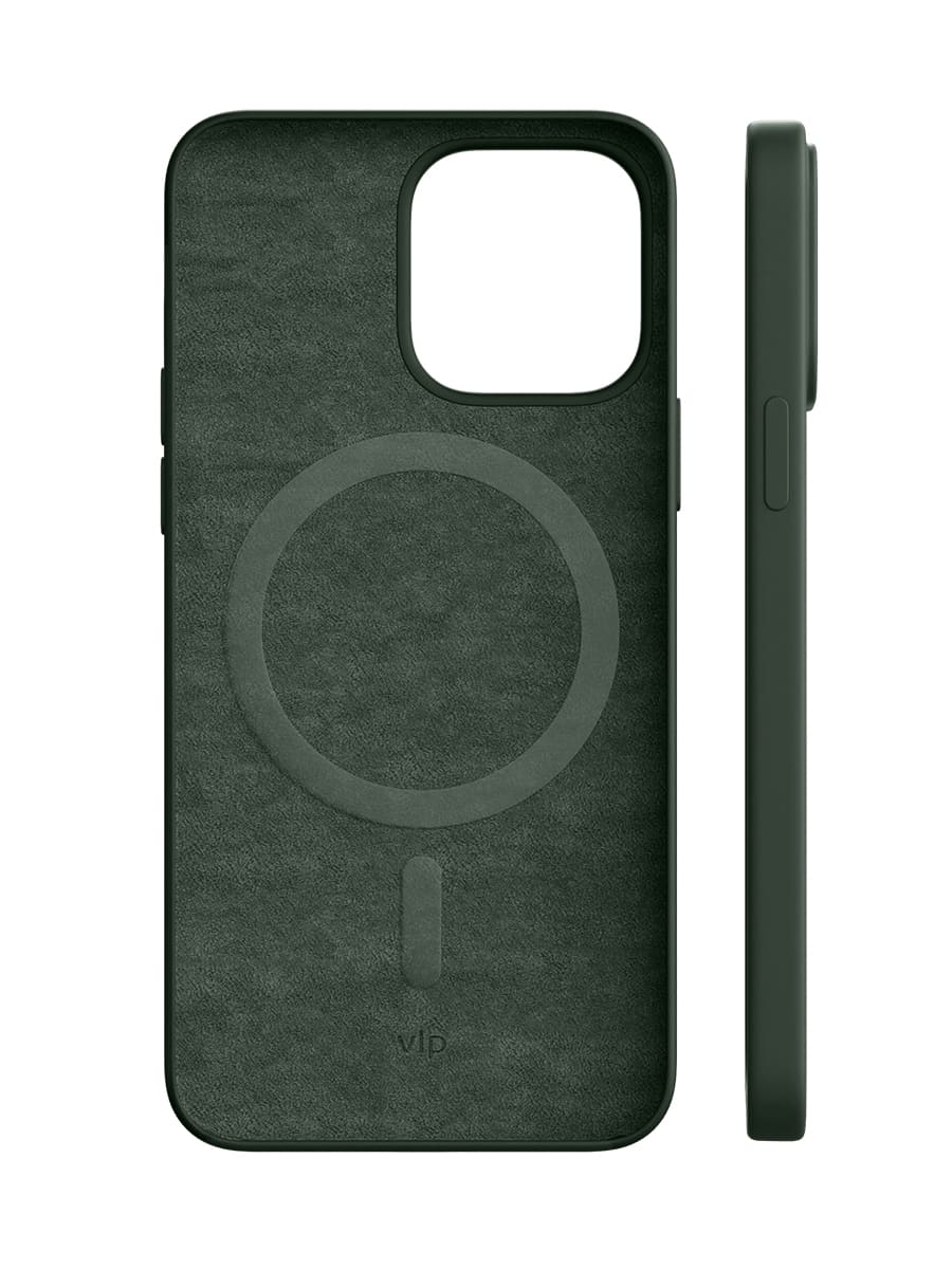 На фото изображено Чехол защитный VLP Silicone case с MagSafe для iPhone 14 Pro, темно-зеленый