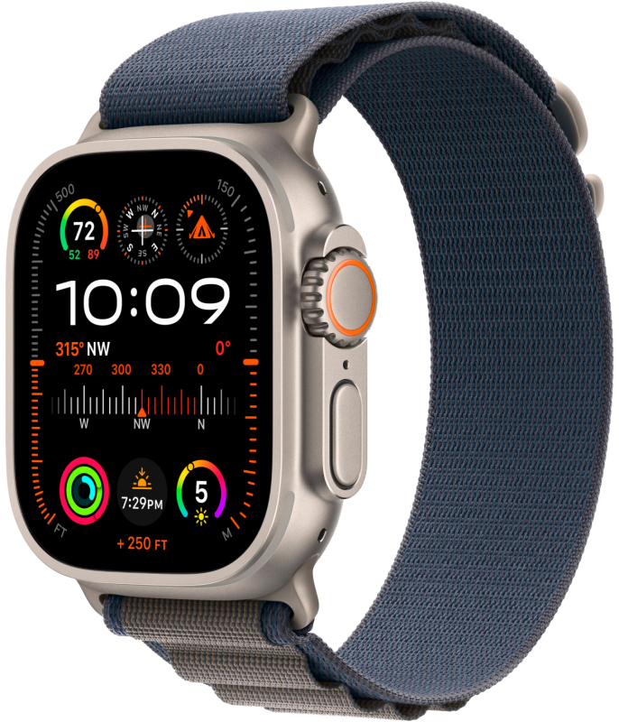 На фото изображено Apple Watch Ultra 2 GPS + Cellular, 49 мм, корпус из титана, ремешок Alpine, цвет синий, L