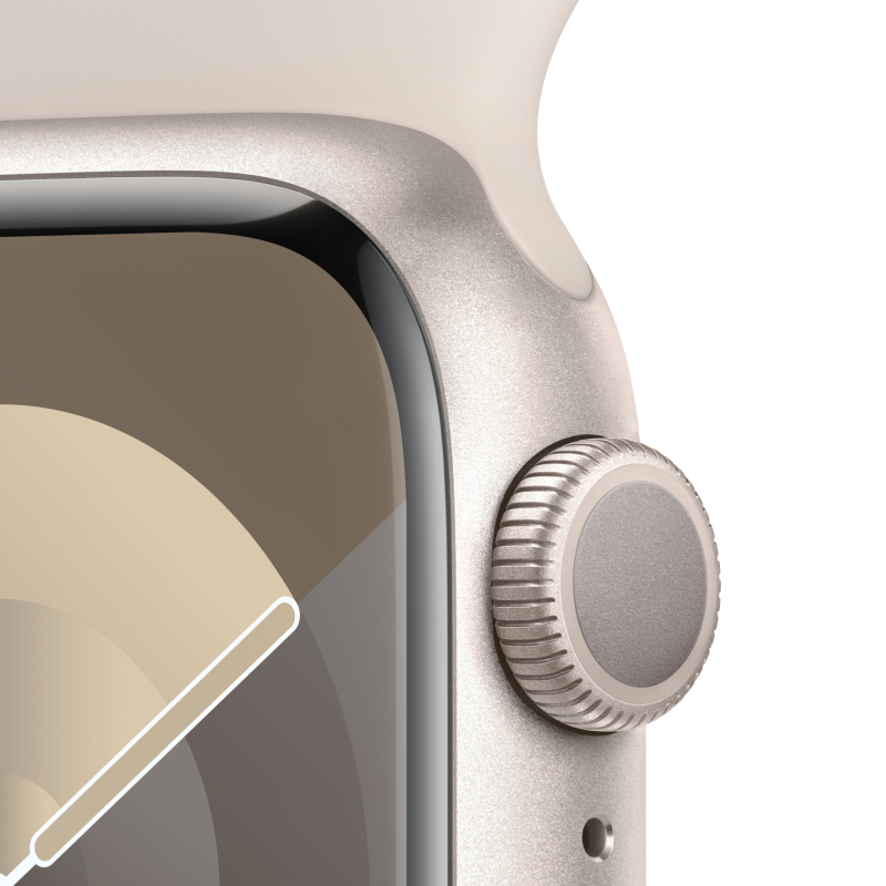 На фото изображено Apple Watch Series 9, 41 мм, корпус из алюминия цвета «Сияющая звезда», спортивный ремешок, размер M/L
