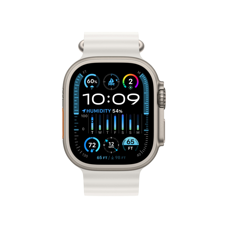 На фото изображено Apple Watch Ultra 2 GPS + Cellular, 49 мм, корпус из титана, ремешок Ocean цвет Белый