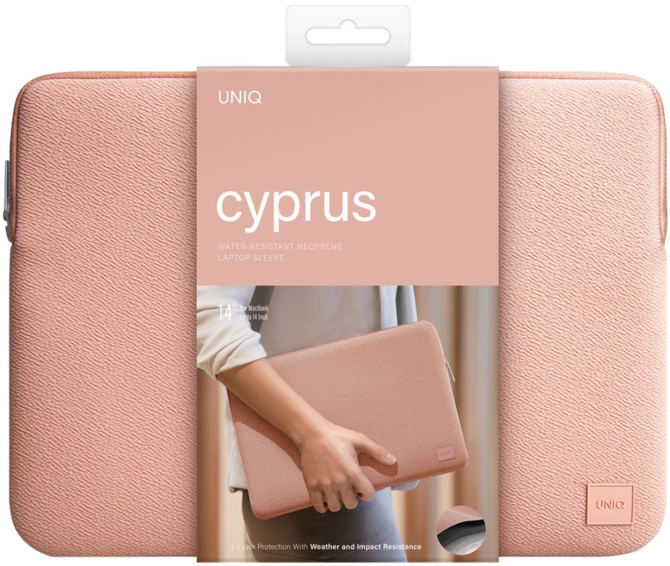 На фото изображено Чехол-сумка Uniq для ноутбуков 14" Cyprus Neoprene Laptop sleeve v2, розовый
