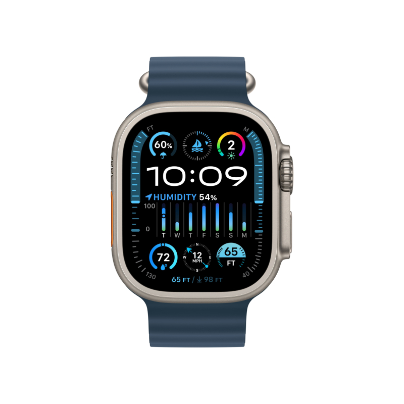 На фото изображено Apple Watch Ultra 2 GPS + Cellular, 49 мм, корпус из титана, ремешок Ocean цвет Синий