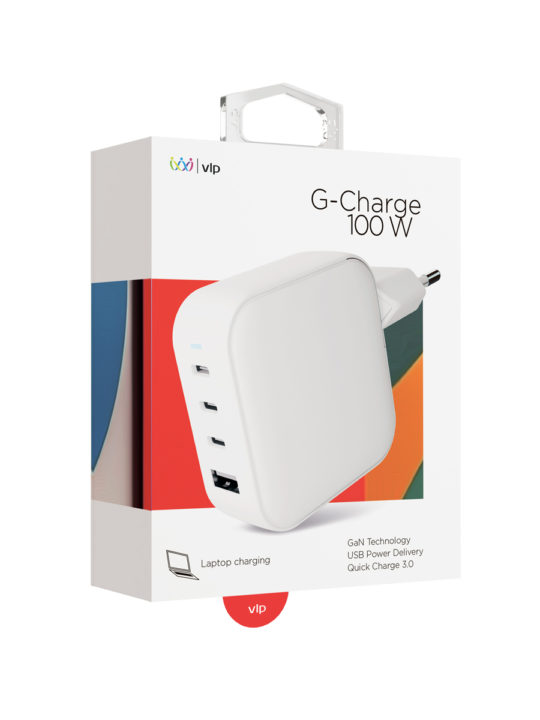 На фото изображено Сетевое зарядное устройство VLP G-Charge, 100Вт, 3хUSB-C+USB-A, белый