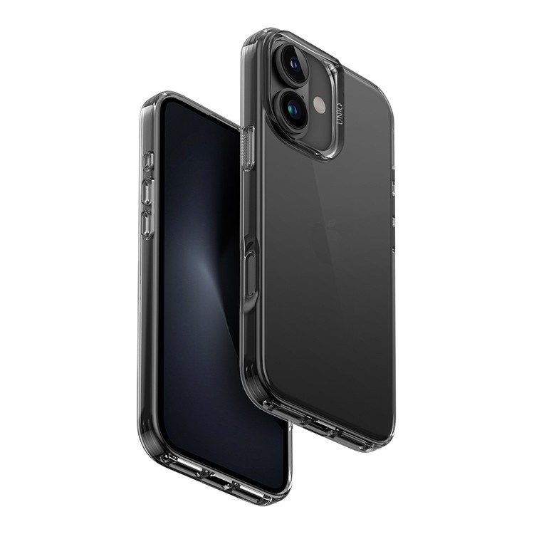 На фото изображено Чехол Uniq для iPhone 16 Air Fender Smoke, серый