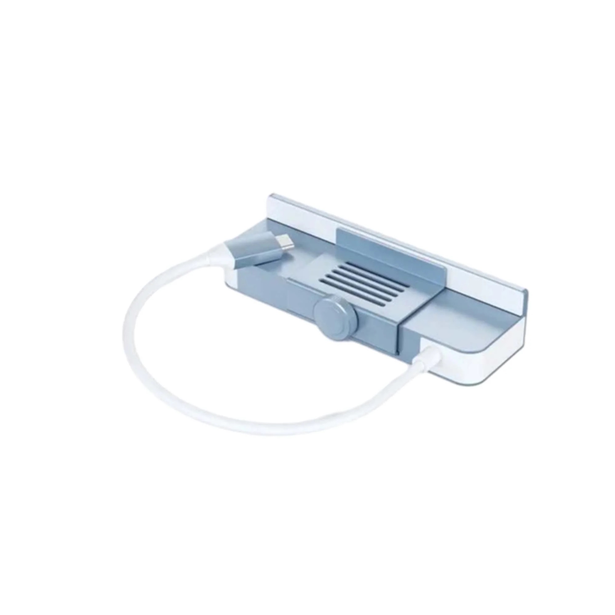 На фото изображено USB-C-концентратор Satechi Aluminum USB-C Clamp Hub для 24" iMac, синий