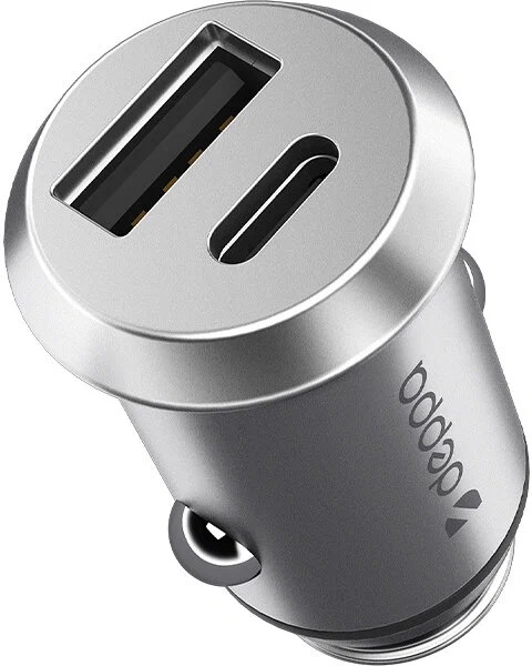На фото изображено Автомобильное зарядное устройство Deppa USB-A+USB-C, серебристый