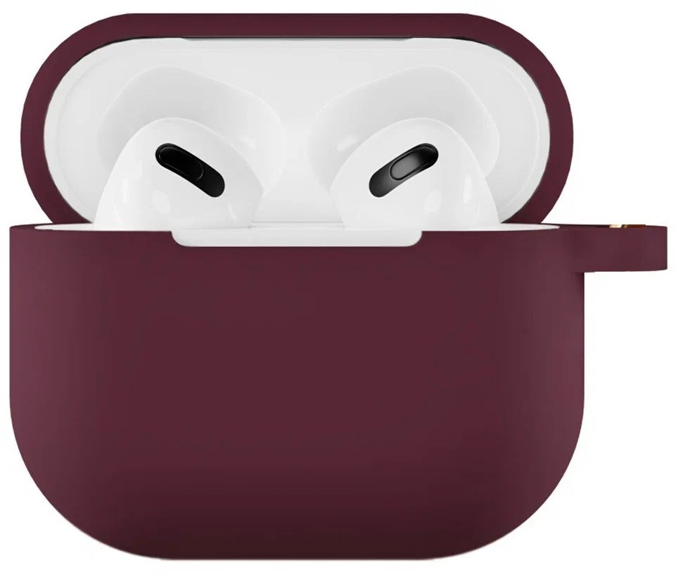 На фото изображено Чехол силиконовый VLP Soft Touch, с кольцом, для AirPods 3, марсала