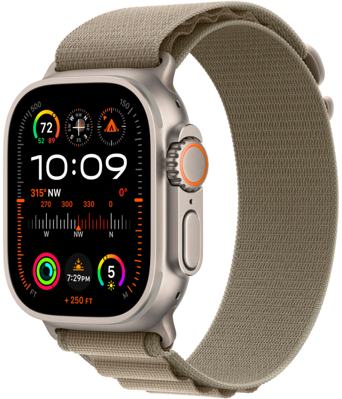 На фото изображено Apple Watch Ultra 2 GPS + Cellular, 49 мм, корпус из титана, ремешок Alpine цвет оливковый, S