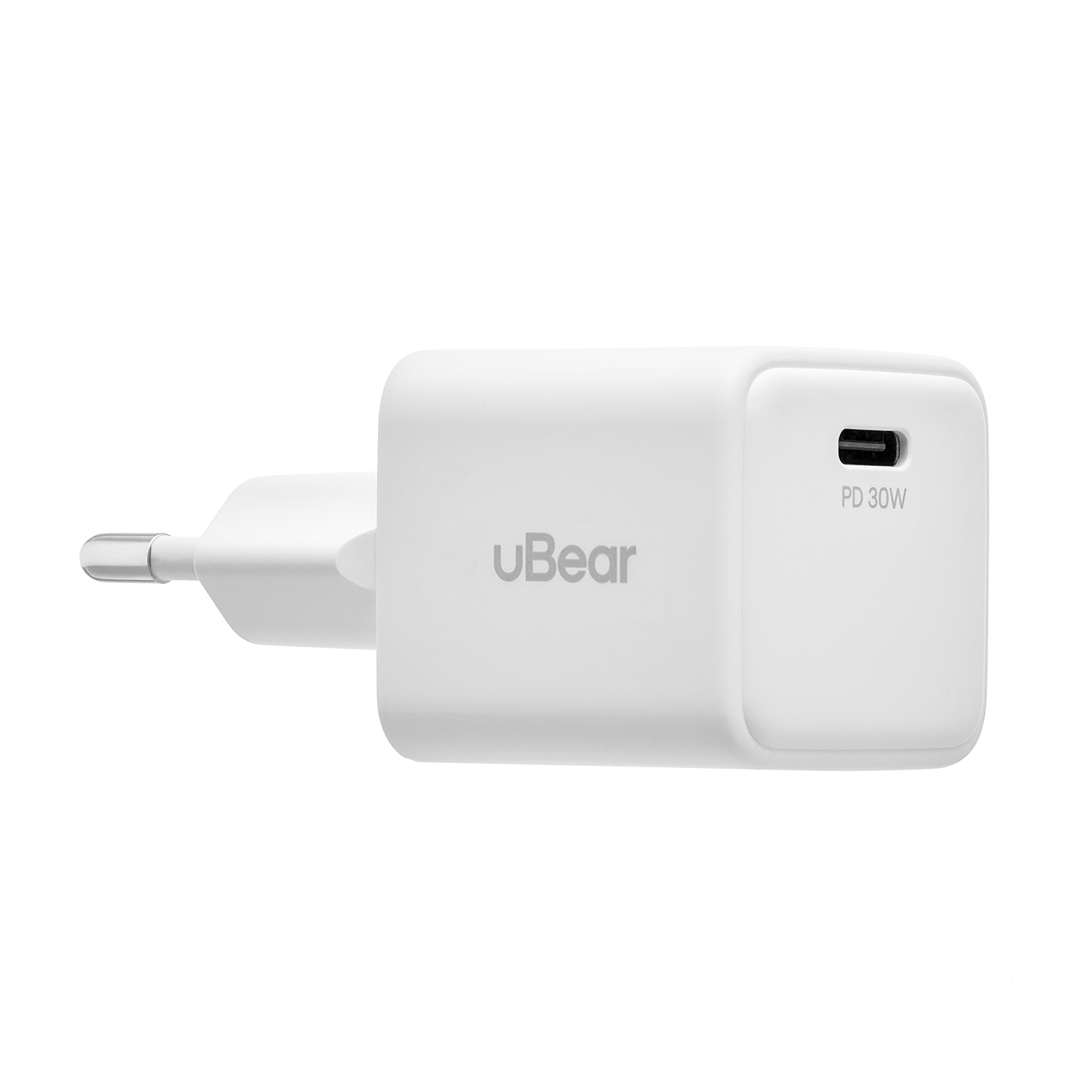 На фото изображено Cетевое зарядное устройство uBear Bridge USB-C, 30 Вт, GaN, белый