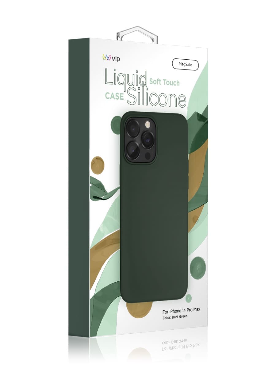 На фото изображено Чехол защитный VLP Silicone case с MagSafe для iPhone 14 Pro Max, темно-зеленый