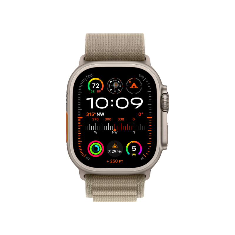 На фото изображено Apple Watch Ultra 2 GPS + Cellular, 49 мм, корпус из титана, ремешок Alpine цвет оливковый, S