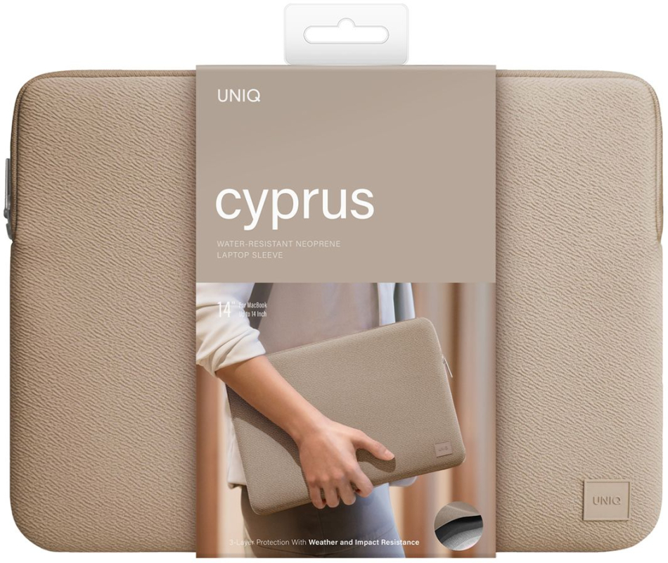 На фото изображено Чехол-сумка Uniq для ноутбуков 14" Cyprus Neoprene Laptop sleeve v2, бежевый