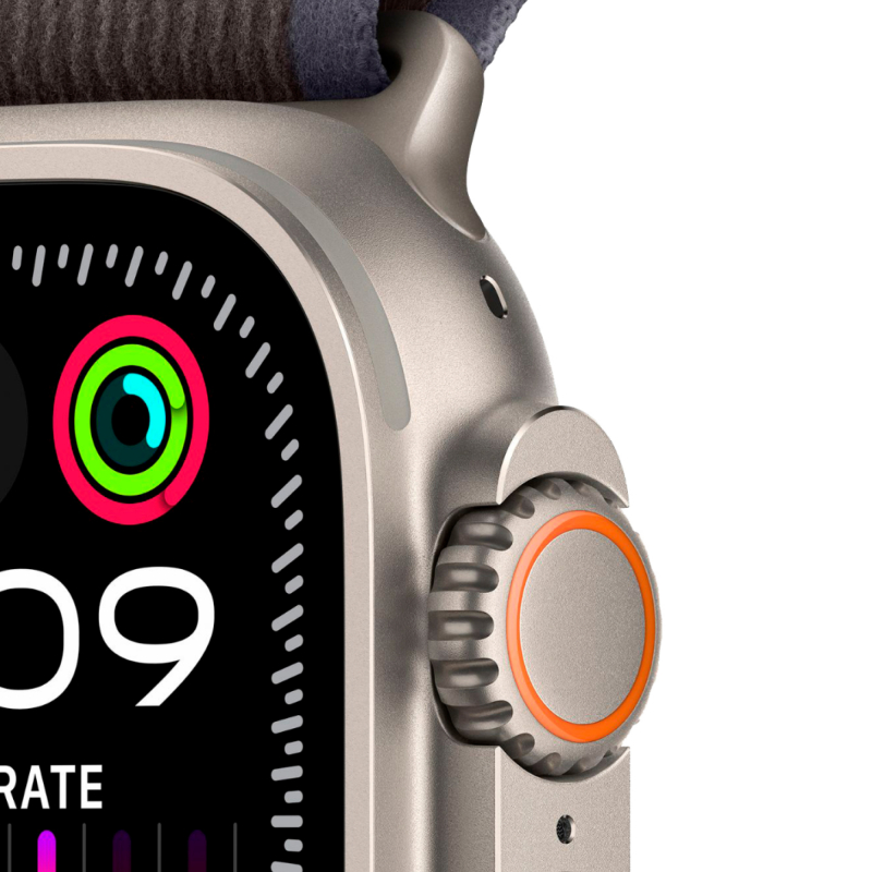 На фото изображено Apple Watch Ultra 2 GPS + Cellular, 49 мм, корпус из титана, ремешок Trail цвет Сине/черный, S/M