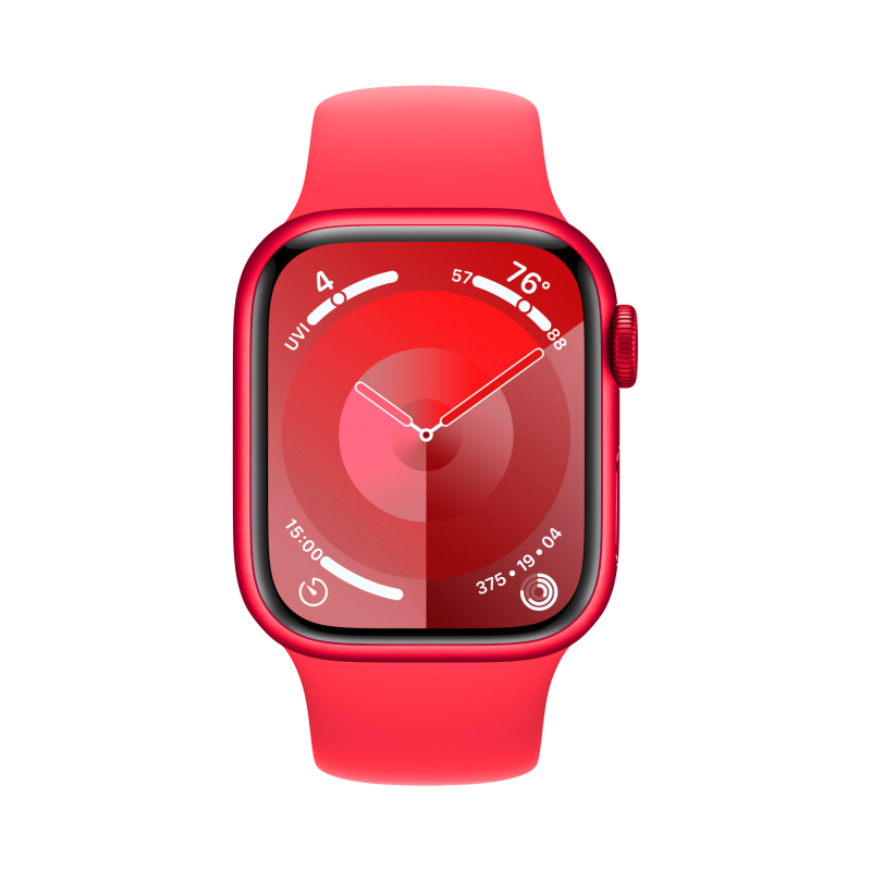 На фото изображено Apple Watch Series 9, 45 мм, корпус из алюминия цвета «(PRODUCT)RED», спортивный ремешок, размер S/M